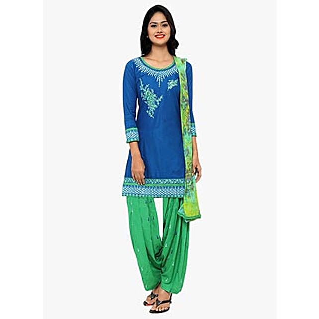 Buy/Send Blue & Green Cotton Embroidered Dress Material Online FNP