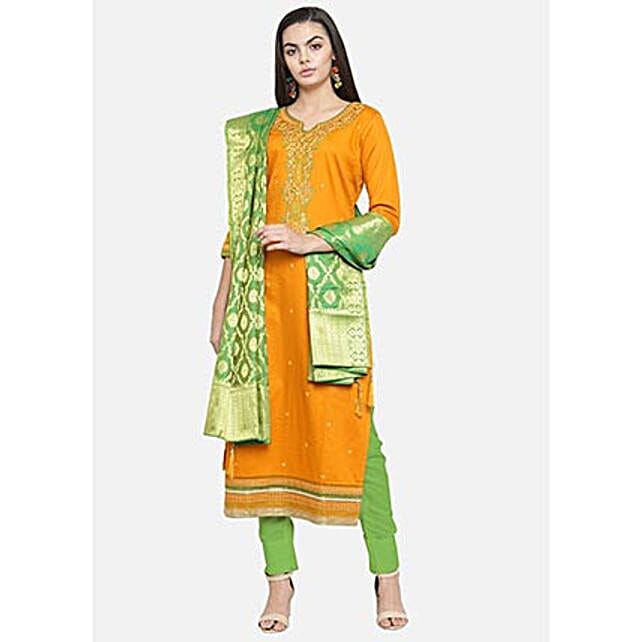 Buy/Send Mustard & Green Color Unstitched Dress Material Online FNP