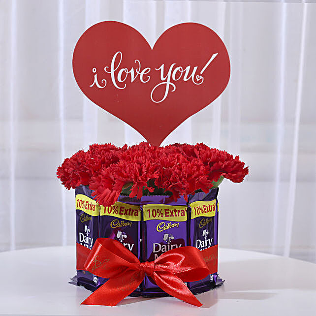 Carnations In Glass Vase Dairy Milk Chocolate Bouquet