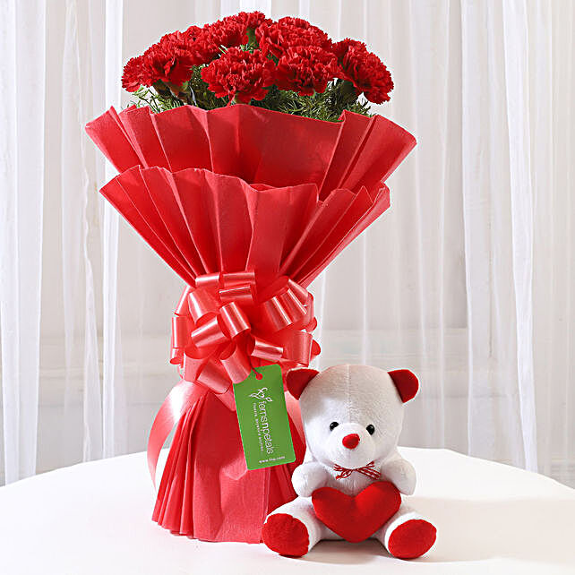 Buy/Send Teddy Bear & 20 Red Carnations Bouquet Combo Online- FNP