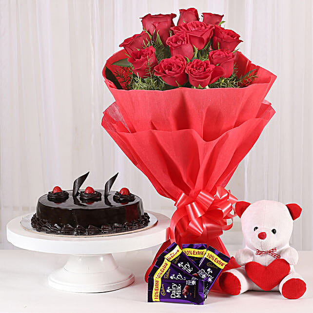 Roses with Teddy Bear, Dairy Milk \u0026 1 Kg Truffle Cake