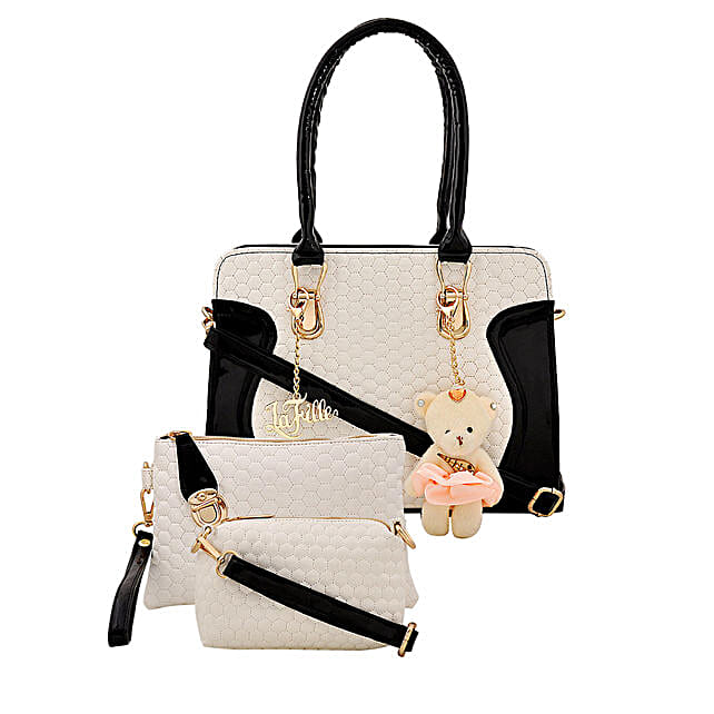 Buy/Send LaFille Teddy Keychain Handbag Set- Black & White Online- FNP