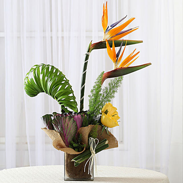 Buy/Send Roses & Bird of Paradise Vase Arrangement Online- Ferns N Petals