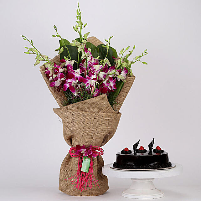 Purple Orchids Bunch & Truffle Cake Combo