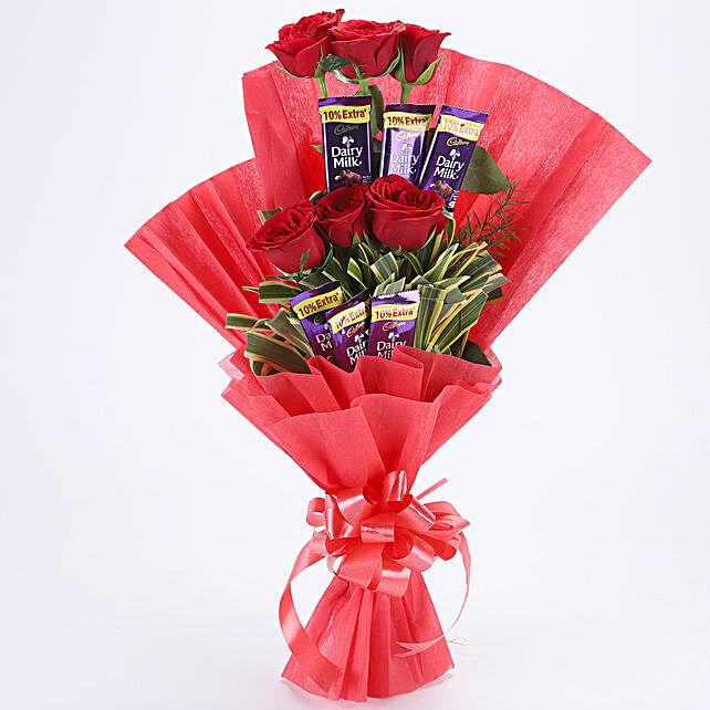 6 Red Roses Amp 6 Dairy Milk Chocolate Bouquet Gift Red Rose N