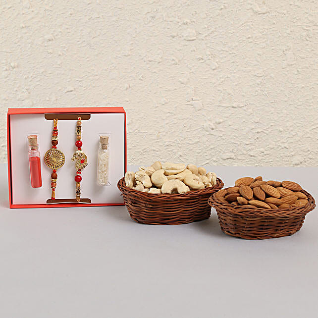 Buy/Send Peacock & Rudraksh Rakhi Dry Fruit Combo Basket Online FNP