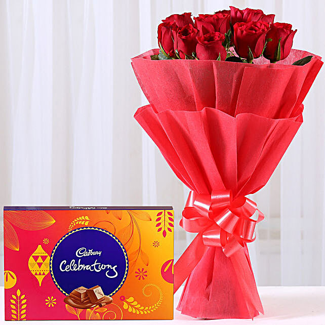 Buy/Send Vivid- Red Roses Bouquet & Chocolate Online- FNP