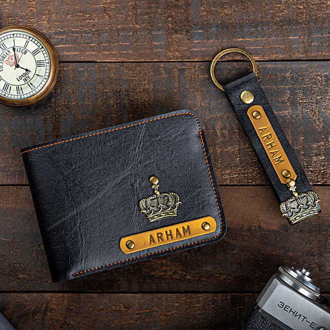 Buy/Send Black Personalised Wallet & Keychain Online FNP