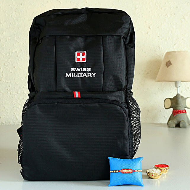 Buy/Send Swiss Military Black Foldable Backpack & Rakhi Online FNP