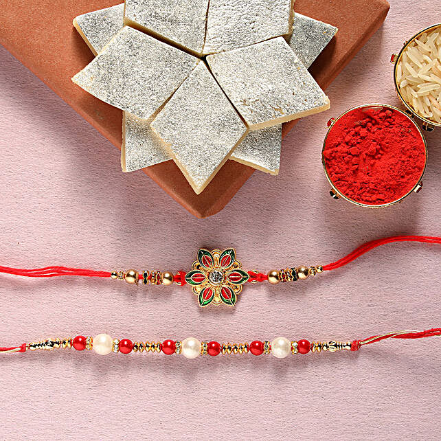 Buy/Send Kaju Katli Box With Pearl & Meenakari Rakhis Online- FNP