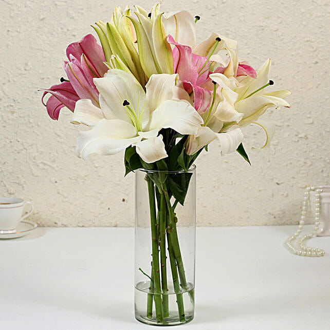 Buy/Send Pink & White Oriental Lilies in Glass Vase Online FNP