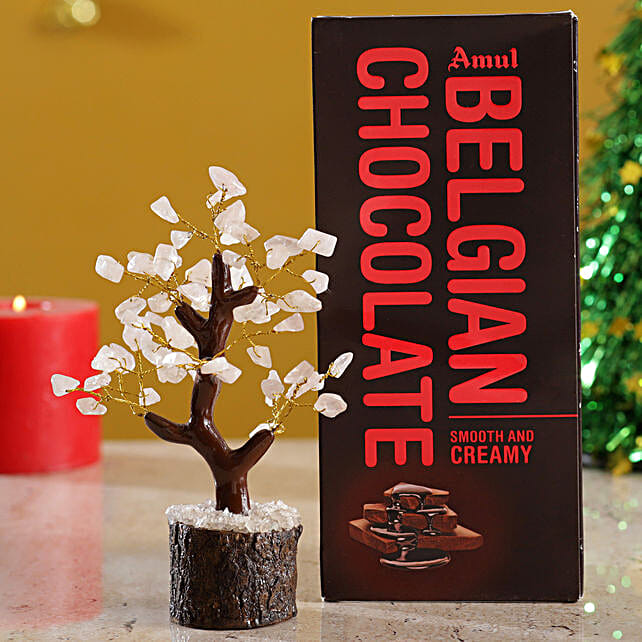 Buy/Send Rose Quartz Wish Tree & Amul Belgian Milk Chocolate Online FNP