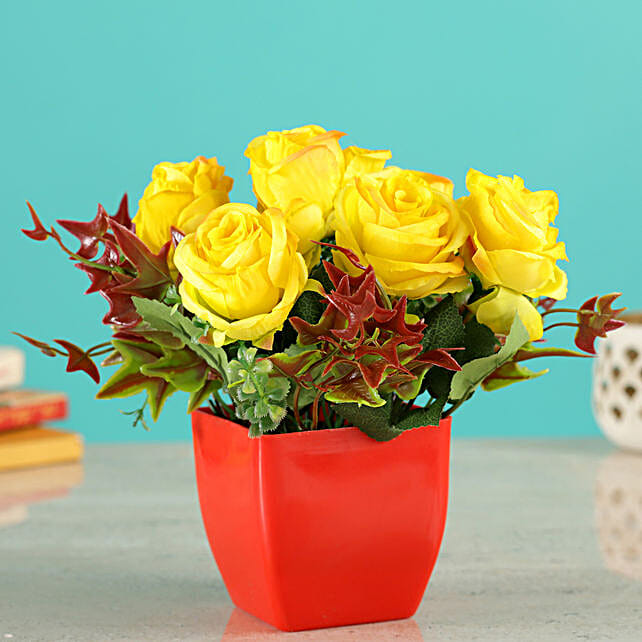 Buy/Send Bright Yellow Artificial Roses Vase Online FNP