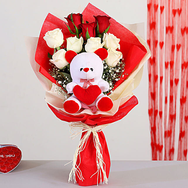 Buy/Send Red & White Roses Bouquet With Teddy Bear Online- FNP