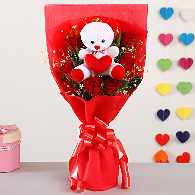 Buy/Send Red Roses Bouquet With Teddy Bear Online- FNP