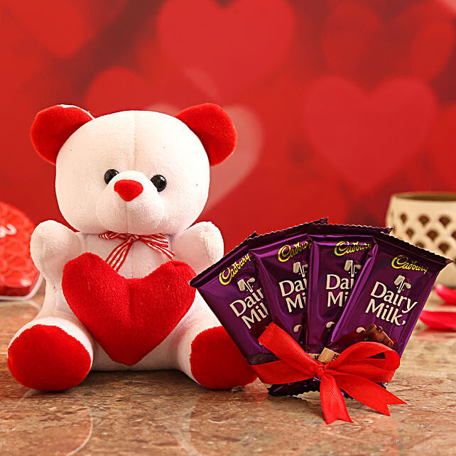 Buy/Send Dairy Milk Chocolates With Red and White Teddy Online- FNP