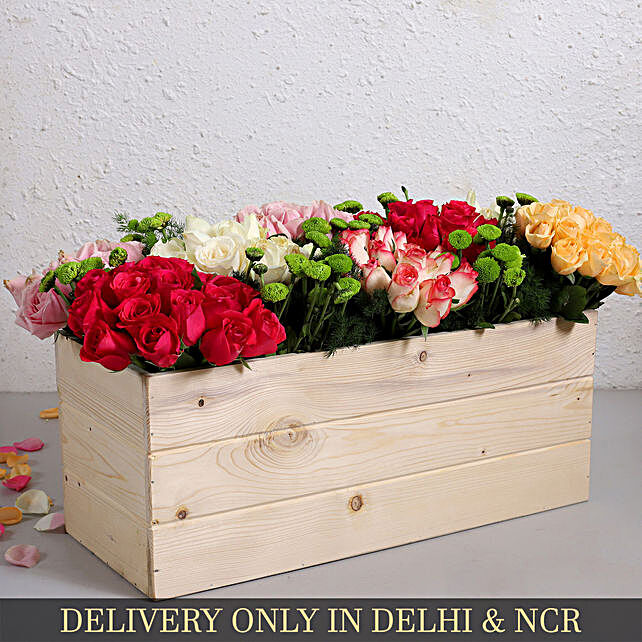 Send Mixed Flowers Arrangement In, Rectangular Wooden Box For Flowers
