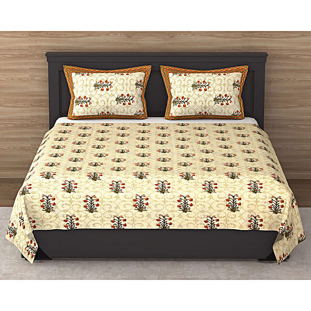 Buy/Send Stylish Print 144 TC Cotton White Double Bedsheet with 2 Pillow Covers Online FNP