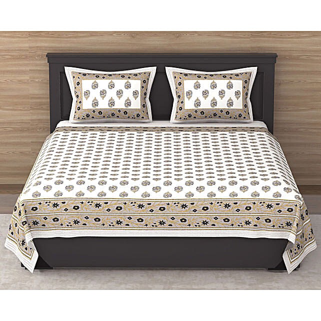 Buy/Send Little Motif 120 TC Cotton White Double Bedsheet with 2 Pillow