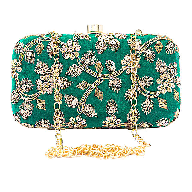 green embroidered suede clutch 2