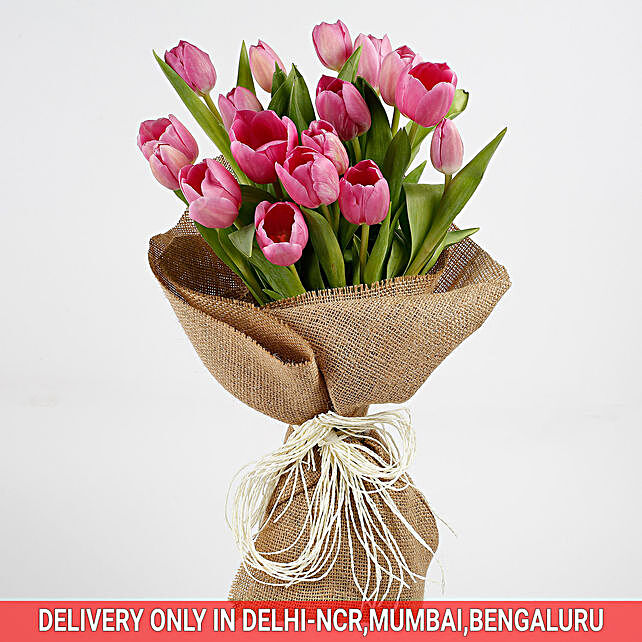 Buy/Send 18 Purple Tulips Jute Wrapped Premium Bouquet Online- FNP