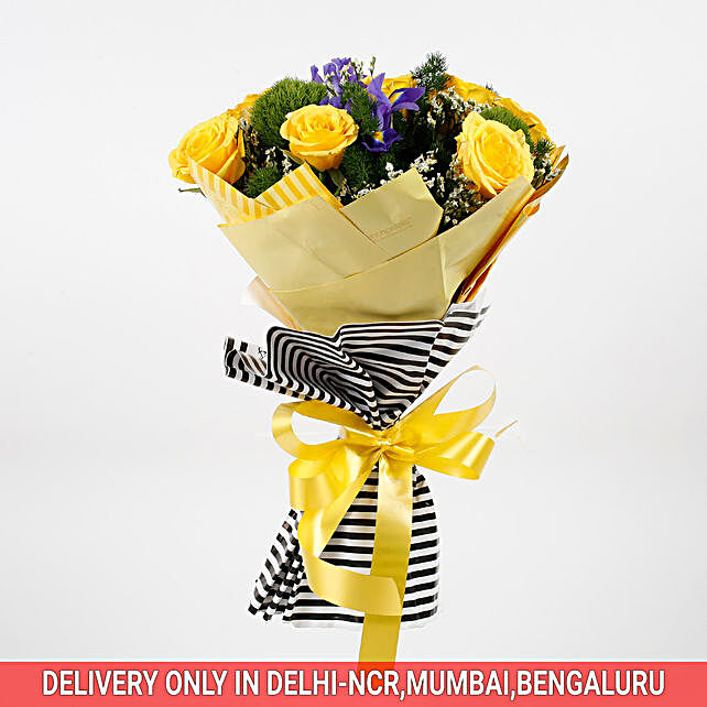 Buy Send Yellow Roses Blue Iris Bouquet Online Ferns N Petals