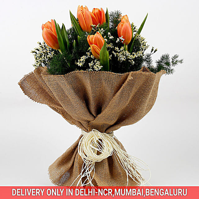 Buy/Send 10 Imported Peach Tulips 2 Limoniums Premium Bouquet Online- FNP