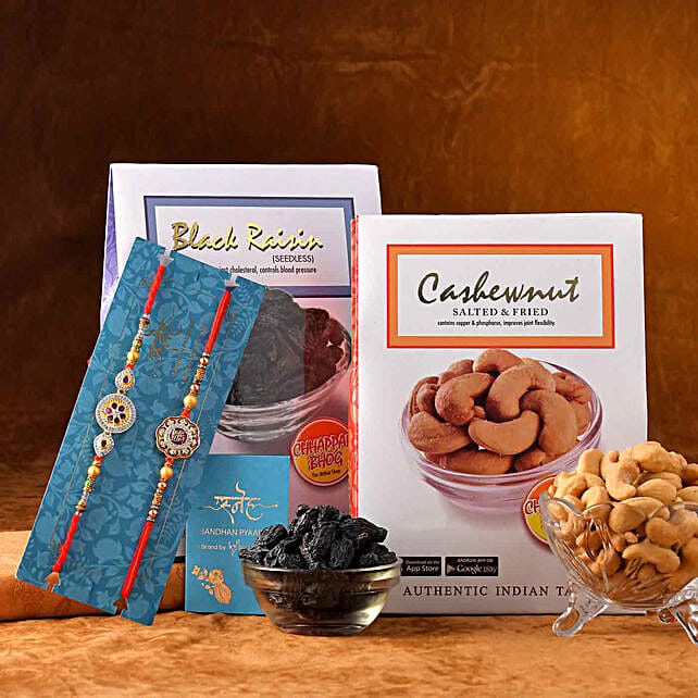 Buy/Send Kundan & Swastika Rakhi Set With Tasteful Dry Fruits Online FNP