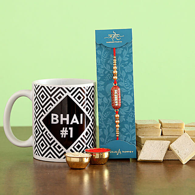 Buy/Send Designer Rakhi N Mug With Kaju Katli Online- FNP