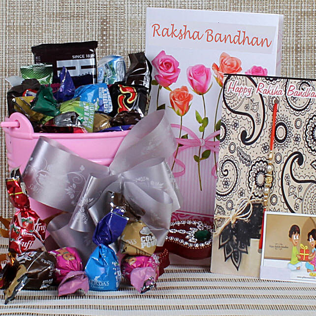 Buy/Send Elegant Rakhi & Assorted Imported Chocolates Bucket Online FNP