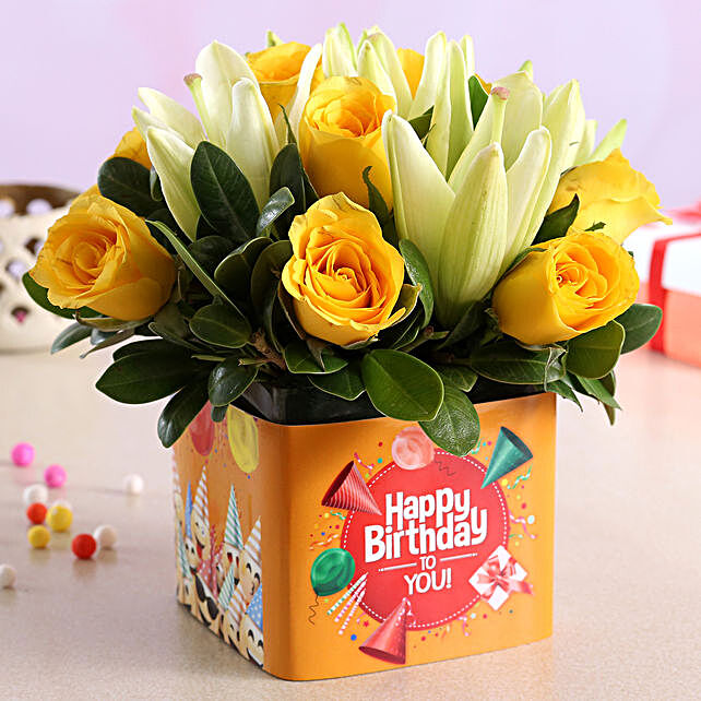 Happy Birthday Flowers Yellow Roses Buy/Send Yellow Roses & White Lilies In Orange Birthday Vase Online- Ferns  N Petals