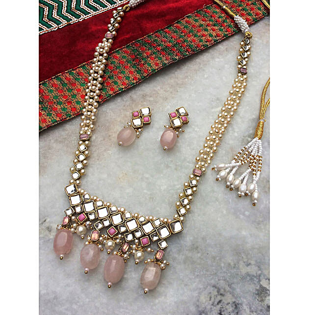 Rose Quartz \u0026 Pearl Long Necklace Set 