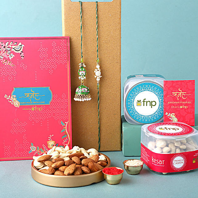 Buy/Send Sneh Bhaiya Bhabhi Lumba Rakhi Set N Kesar Dryfruits Online- FNP