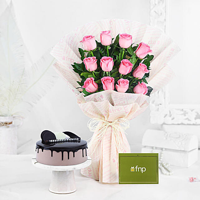 Buy/Send Sweet Memories Pink Roses Bouquet & Chocolate Cake Online FNP
