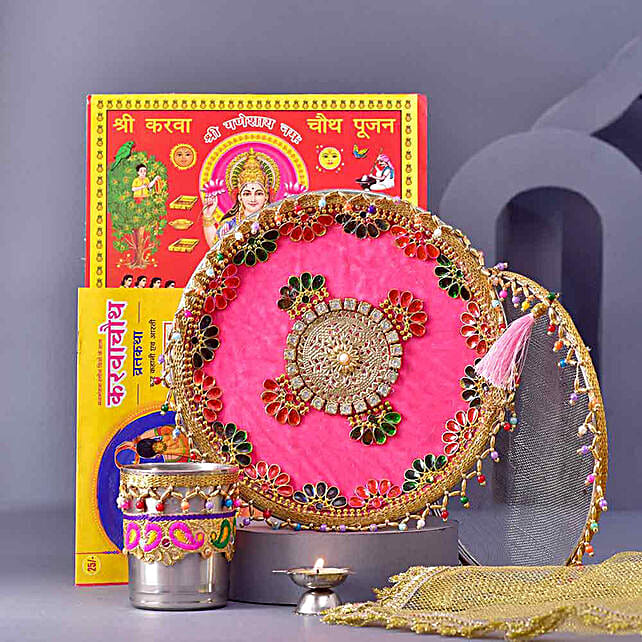 Buy/Send Pink Beads N Crystals Karwachauth Thali Set Online FNP