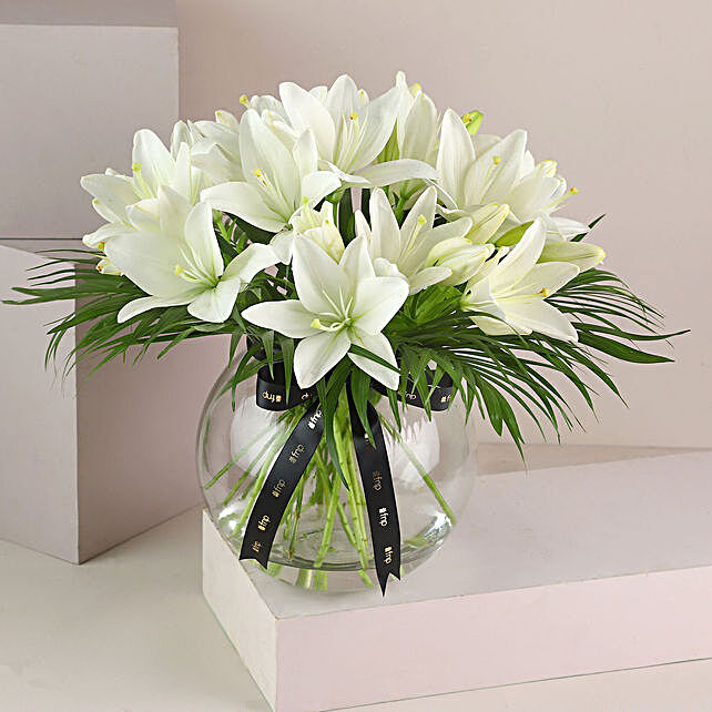 Buy/Send Pure 10 White Asiatic Lilies In Fishbowl Vase Online- FNP