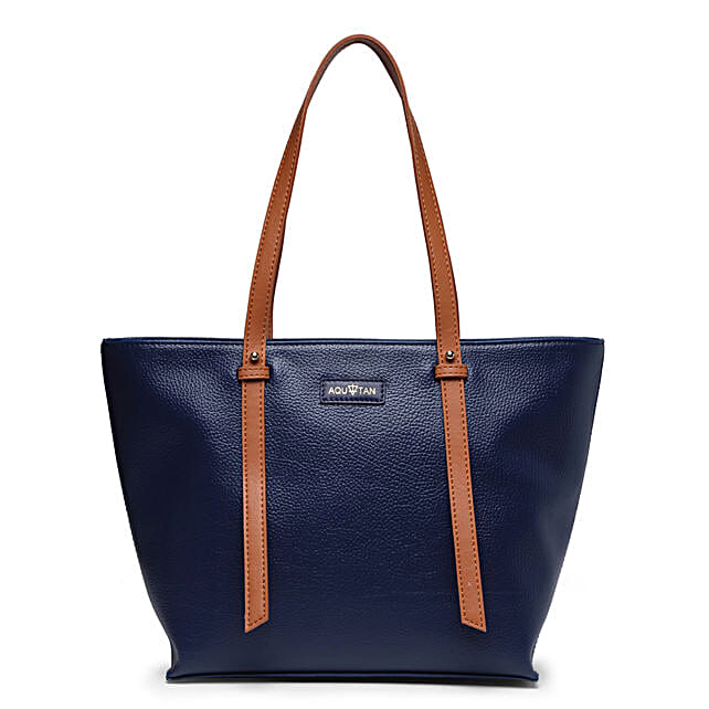 Buy/Send Vegan Leather Tote Bag Navy With Tan Handle Online FNP