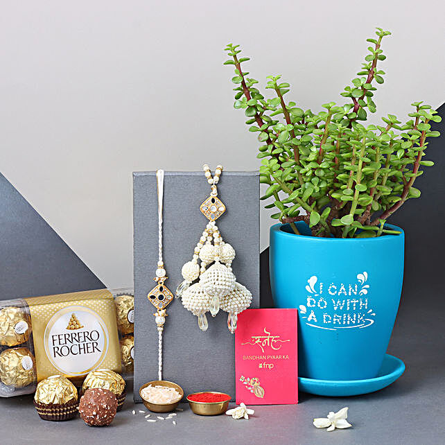 Buy Send Sneh Pearl Bhaiya Bhabhi Rakhi Jade Plant With Ferrero