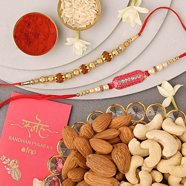 Buy/Send Sneh Capsule & Rudraksha Rakhi Set & Dry Fruits Online- FNP