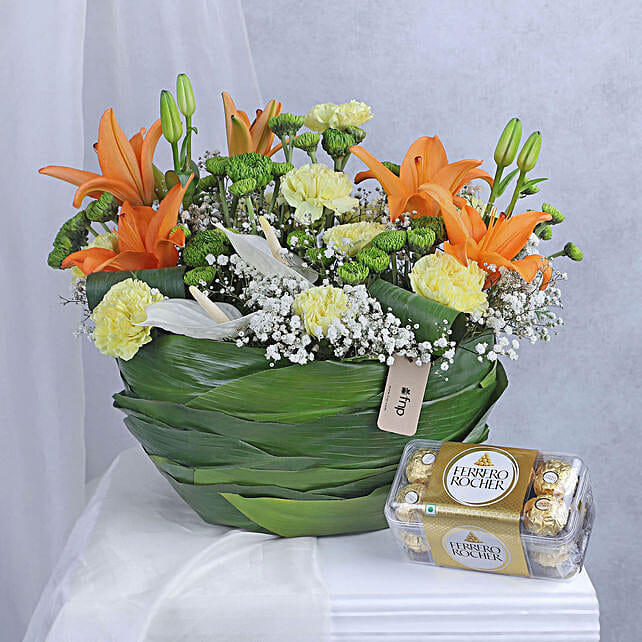 Buy/Send Vibrant Coloured Anthurium Flowers And Chocolates Combo Online