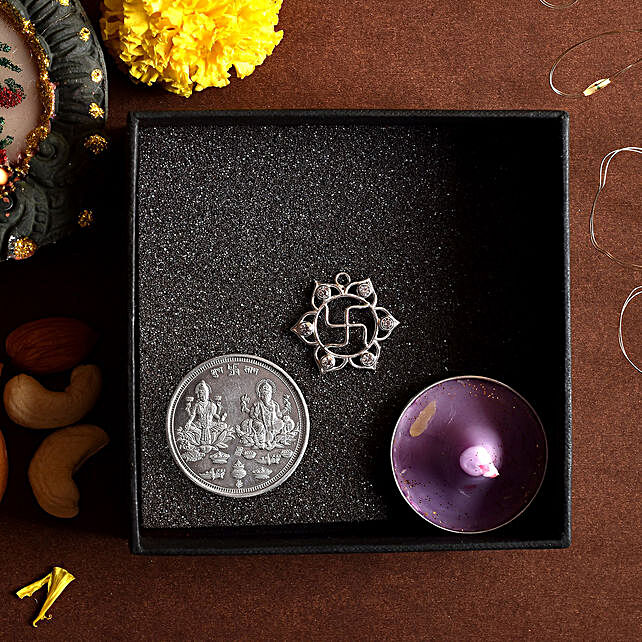 Buy/Send Diwali Pooja Swastika N Coin Gift- 925 Silver Online- FNP