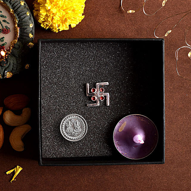 Buy/Send Happy Diwali Swastika N Coin Combo- 925 Silver Online- FNP