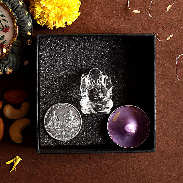 Buy/Send Crystal Ganesha & 925 Silver Coin Gift Set Online- FNP