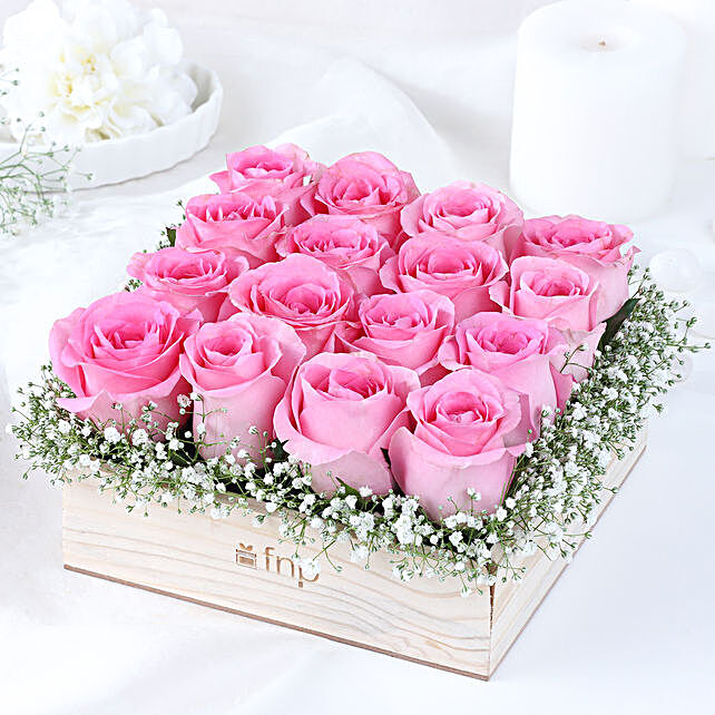 Buy/Send 16 Pink Roses Arrangement In Wooden Base Online- FNP