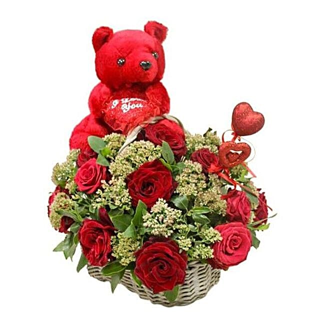 Classic Red Roses Basket And Teddy Combo Lebanon 