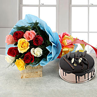 Rose Repose - Bunch of 10 Mix colour roses & 500gm Chocolate