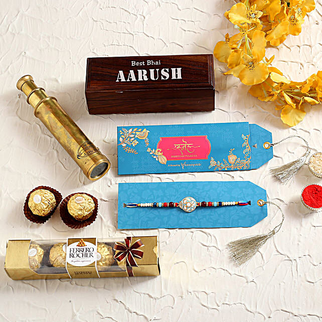 Ethnic Rakhi With Personalised Telescope Box and Chocolates mauritius
