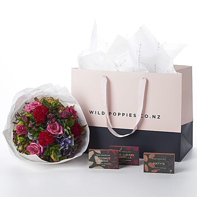 Colored Flower Bouquet N Organic Chocolate Hamper newzealand Gift