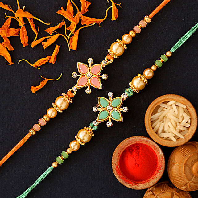 Green Stone And Orange Stone Floral Design Rakhi Set New Zealand Gift Green Stone And Orange Stone Floral Design Rakhi Set Ferns N Petals