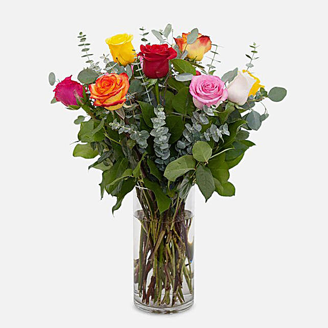 Bunch Of 12 Mixed Roses Glass Vase Arrangement philippines | Gift Bunch Of 12 Mixed Roses Glass Vase Arrangement- FNP